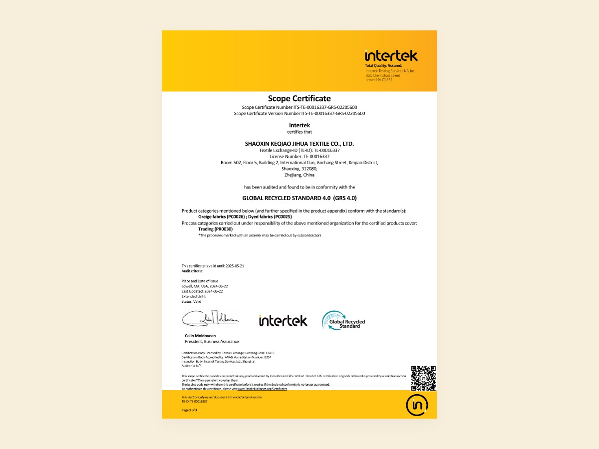 Preview of Intertek Global Recycled Standard scope certificate