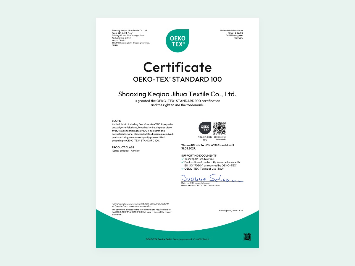 Preview of OEKO-TEX STANDARD 100 certificate 24.HCN.66962